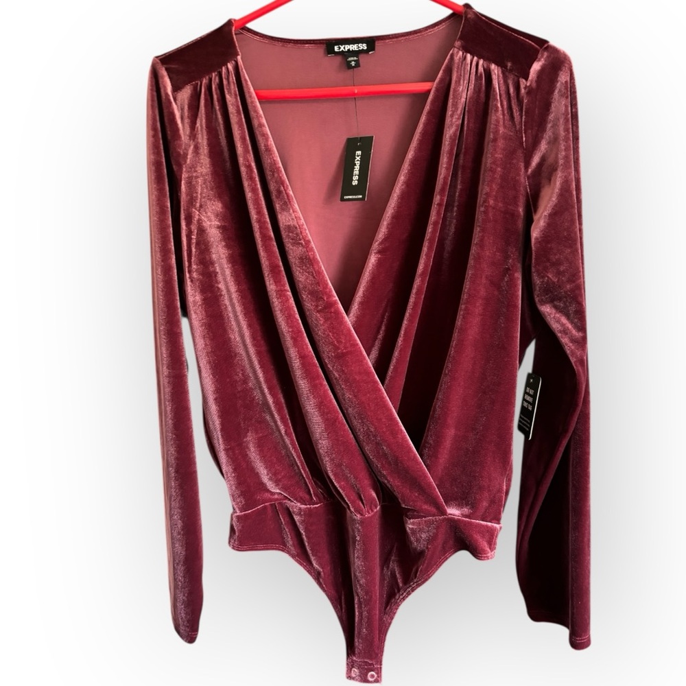 Express Velvet Wrap Bodysuit in Wine Burgundy